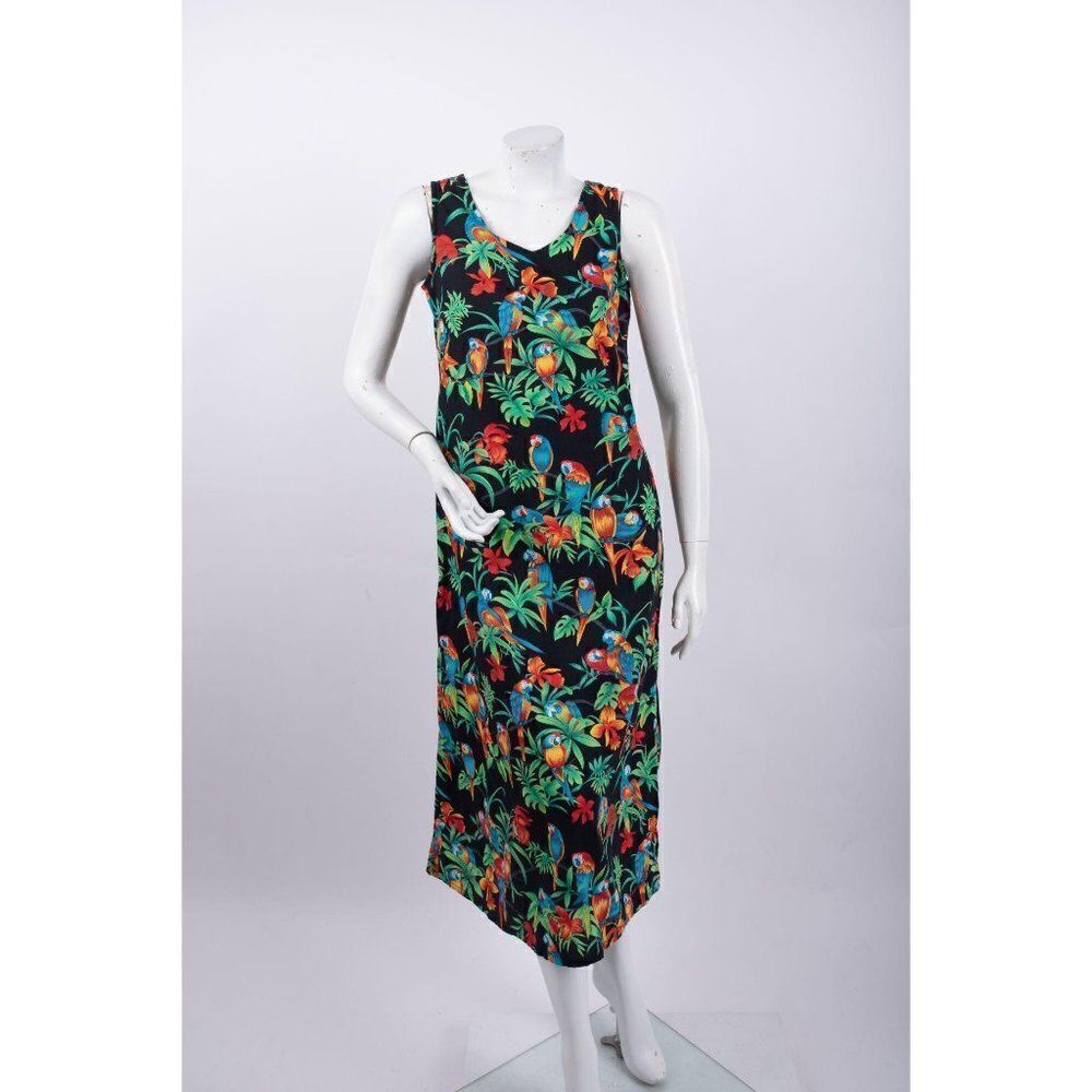 Vintage Hilo Hattie Muumuu Dress Tropical Parrots Women's Small Black Cotton Sle